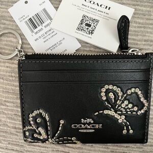 Coach Black Leather Card Case Keyring with Sequin Butterfly Accent